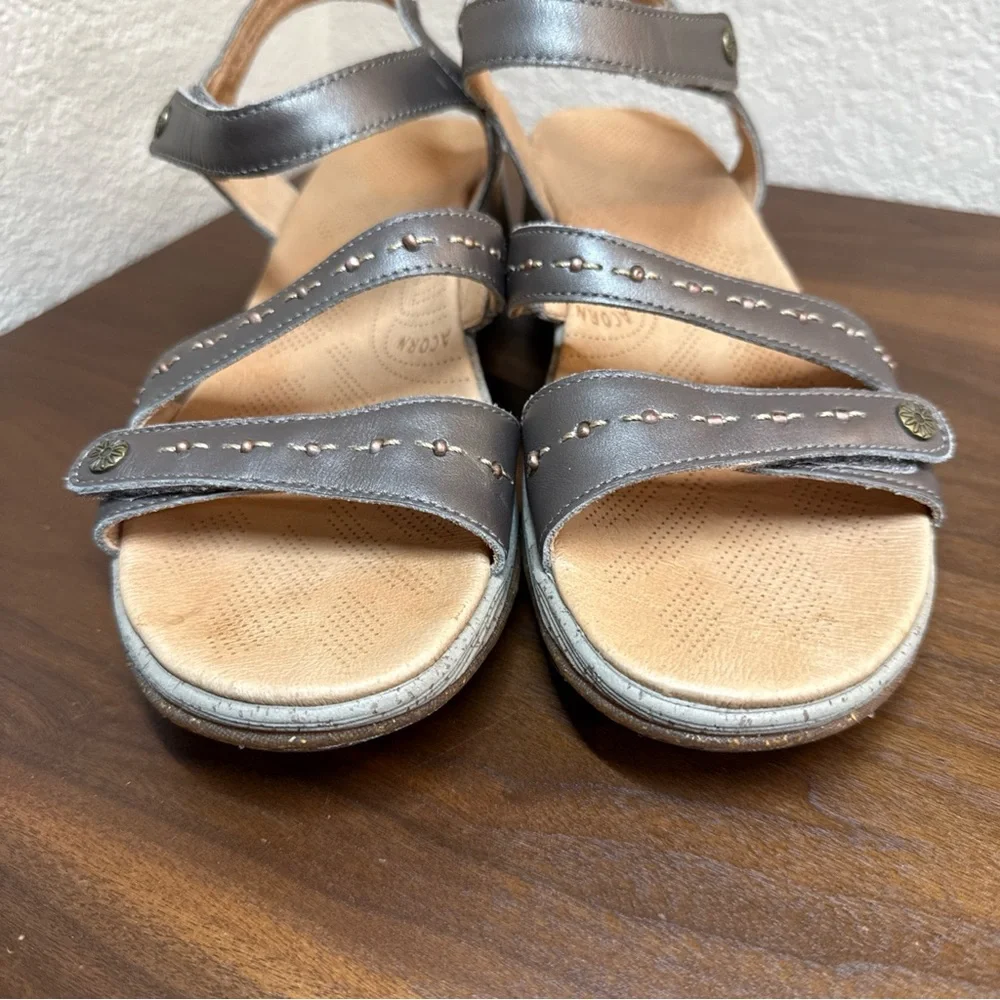 Acorn‎ Sandals Womens 9 Ankle Strap Gray Slip On Hook And Loop Open Toe Comfort